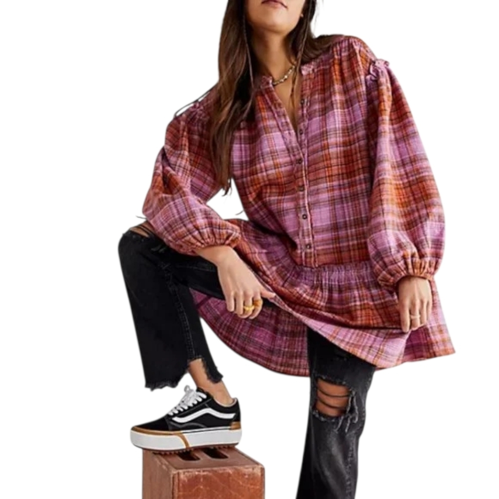 Free People Alexa Plaid Mini Dress Pink Orange Slouchy Boho Tunic M NWT